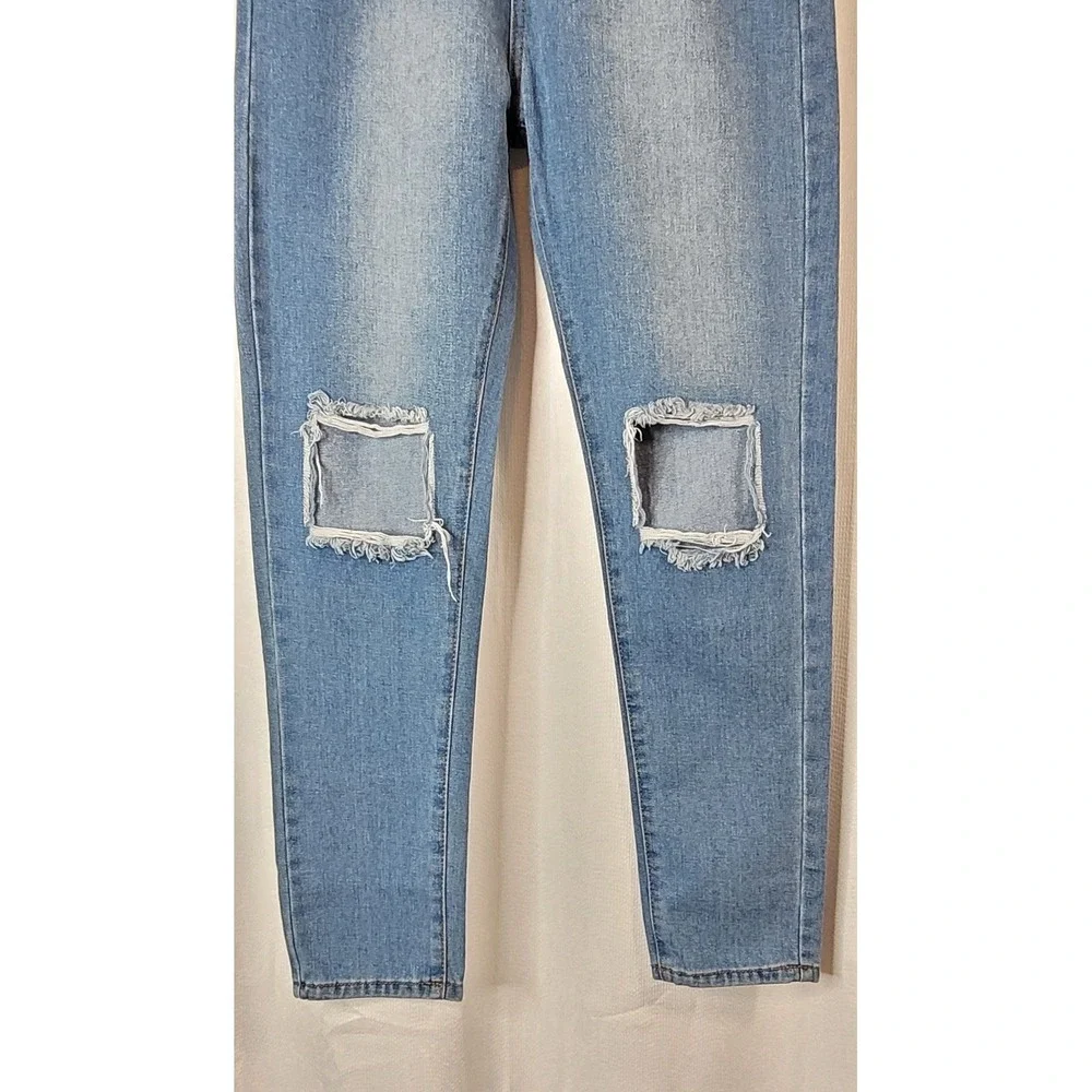 SRPEDRO Women's High Waist Distressed Cut Out Denim Jeans Mid-Wash Sz 9 / 10 - Picture 4 of 9